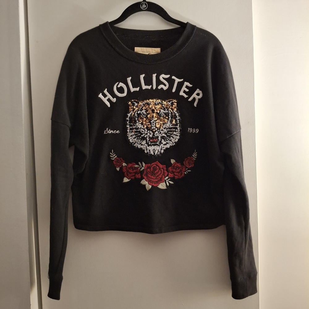 Hollister Black Sweatshirt with Tiger and Red Rose Embroidery